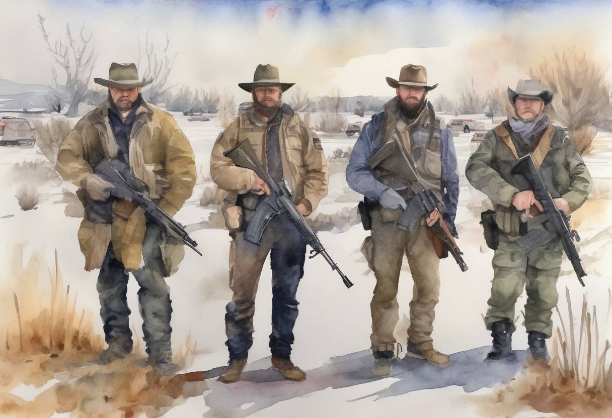 Watercolor painting based depiction of A group of armed militants, led by Ammon Bundy, occupy the Malheur National Wildlife Refuge in Oregon, protesting federal land policies. The standoff lasts 41 days. (2016)