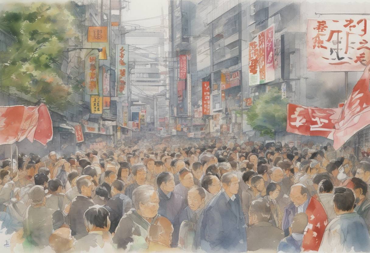 Watercolor painting based depiction of The Liberal Democratic Party of Japan lost a 38-year hold on national leadership. (1993)
