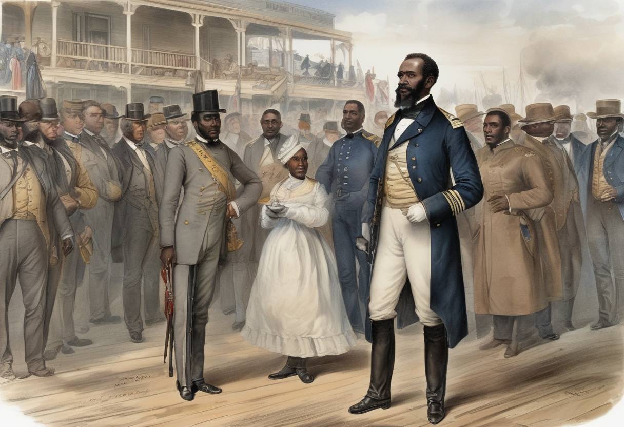 Watercolor painting based depiction of Union General Gordon Granger arrives in Galveston, Texas, and announces the enforcement of the Emancipation Proclamation, effectively freeing the last remaining enslaved African Americans in the United States. This day is celebrated as Juneteenth. (1865)