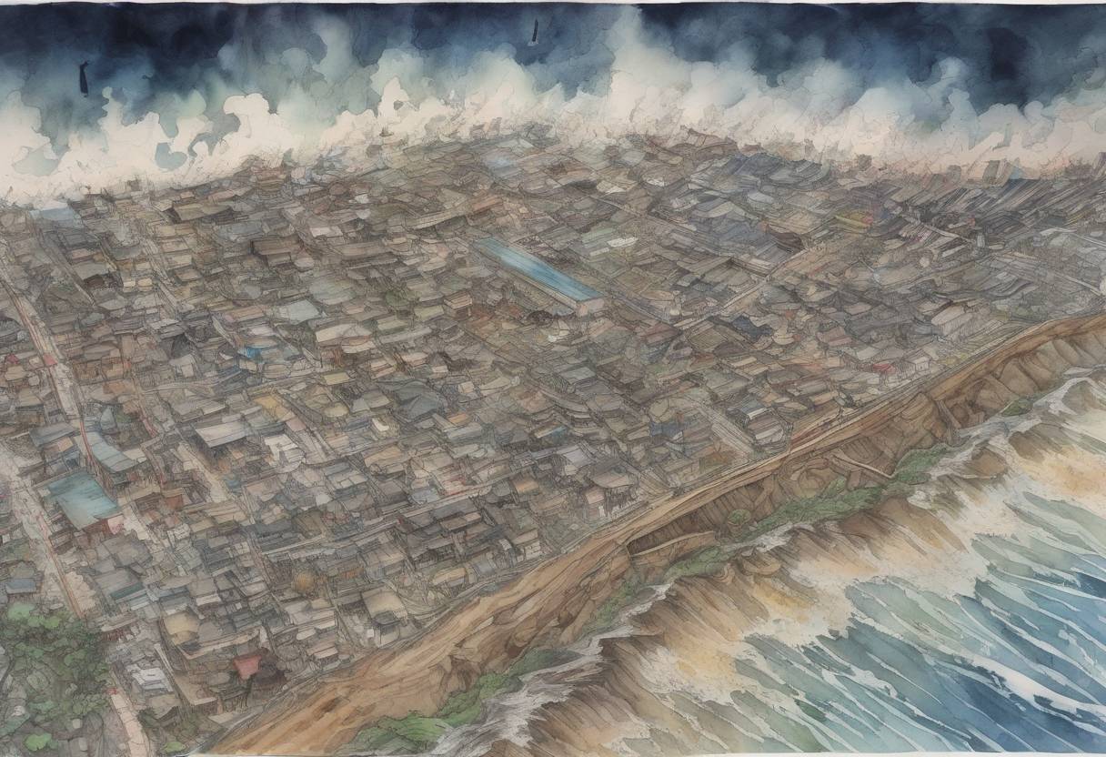 Watercolor painting based depiction of A massive earthquake and tsunami struck Japan, leading to widespread devastation and the Fukushima Daiichi nuclear disaster. The earthquake had a magnitude of 9.0, making it one of the most powerful ever recorded. (2011)