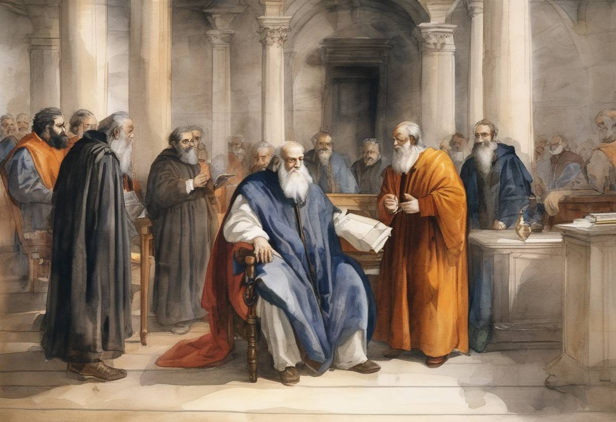 Watercolor painting based depiction of Galileo Galilei arrived in Rome for his trial before the Inquisition. (1633)