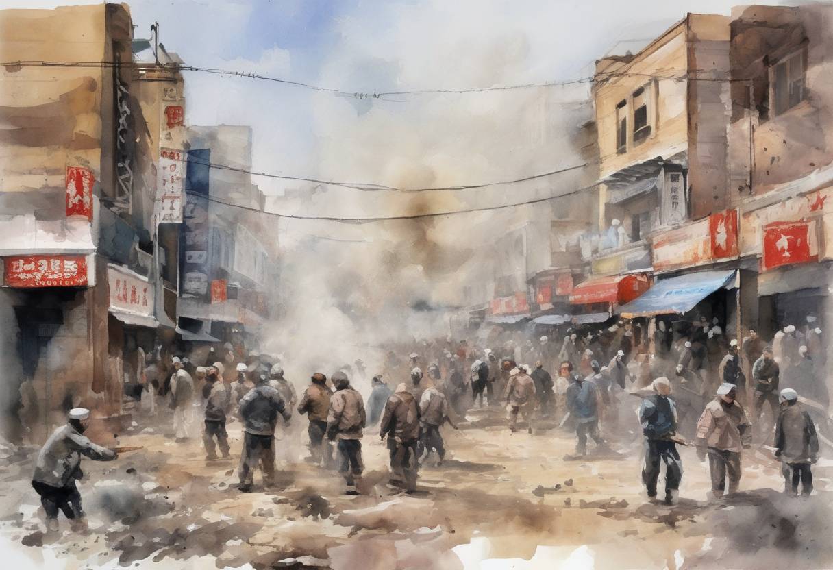 Watercolor painting based depiction of The Xinjiang riots erupted in Urumqi, the capital of the Xinjiang Uyghur Autonomous Region in China, leading to significant ethnic violence between Uyghurs and Han Chinese, resulting in numerous deaths and injuries. (2009)