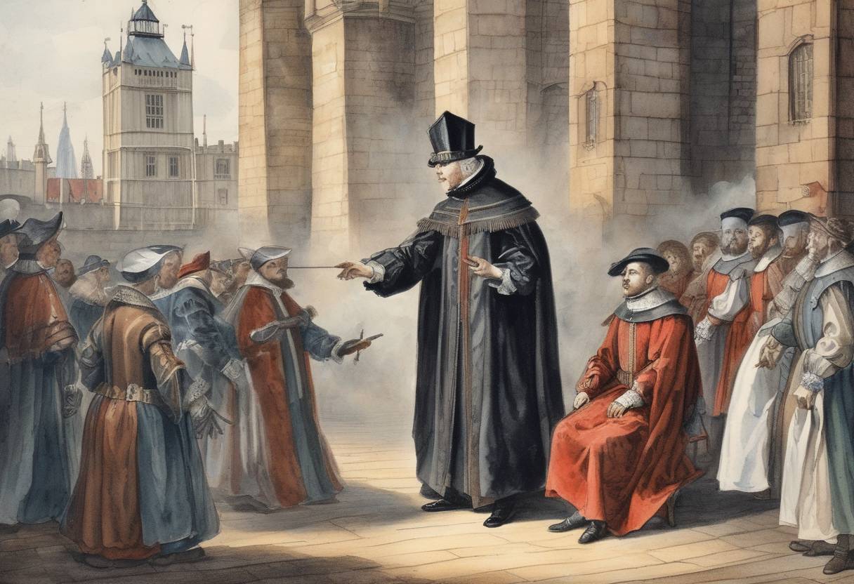 Watercolor painting based depiction of Archbishop William Laud is beheaded at the Tower of London. (1645)