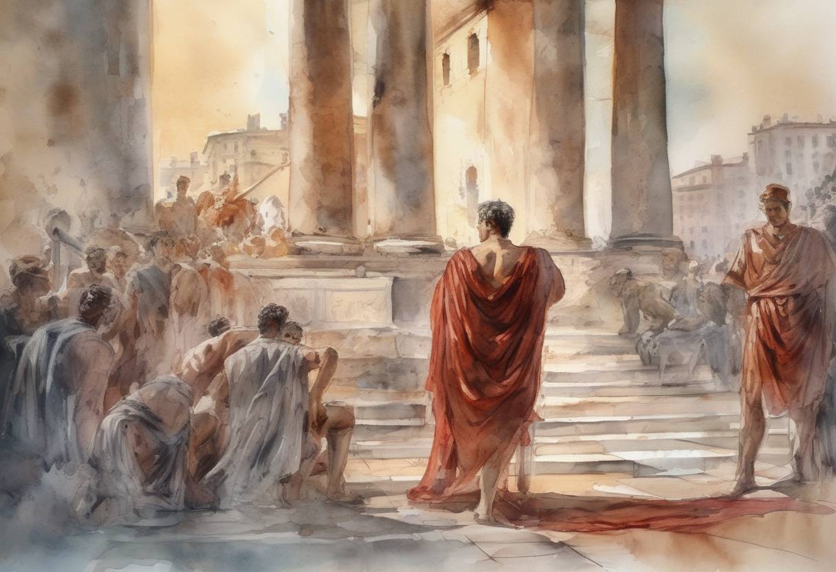 Watercolor painting based depiction of Roman Emperor Nero committed suicide, marking the end of the Julio-Claudian dynasty. (68)