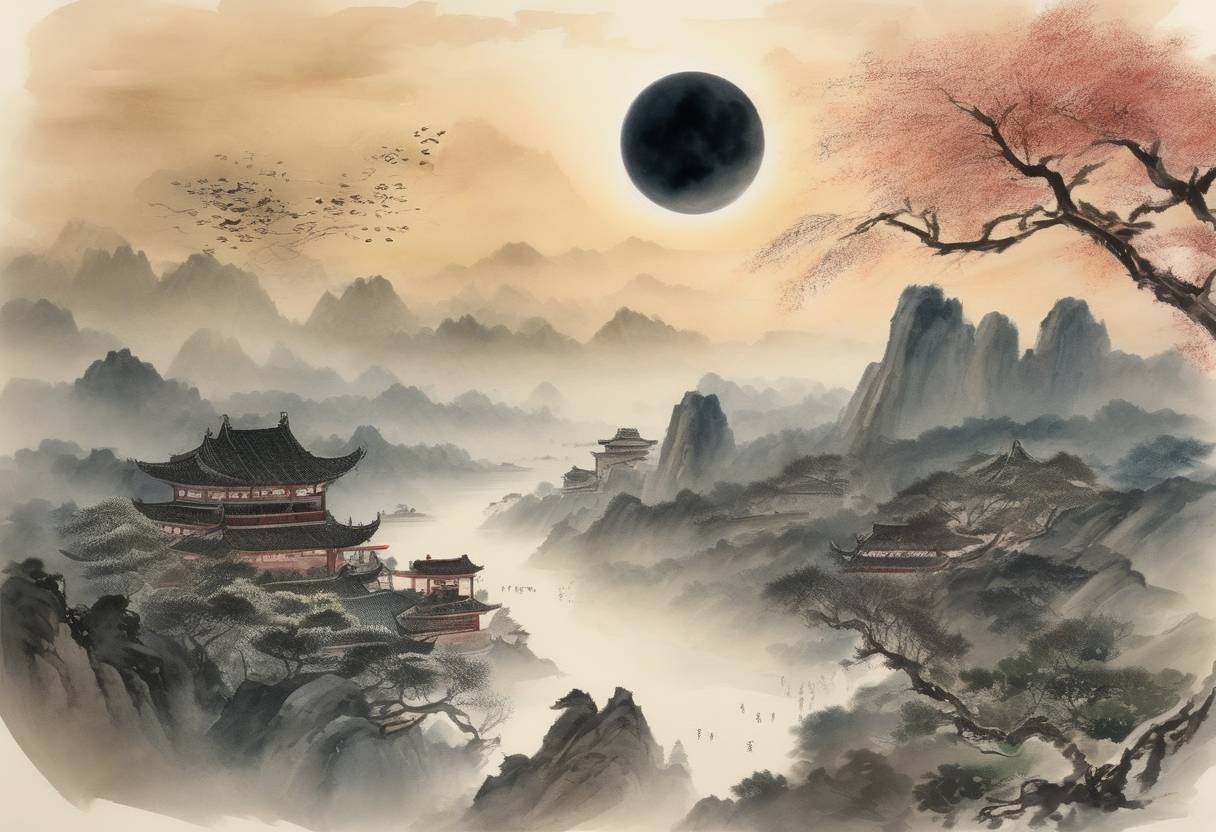 Watercolor painting based depiction of A total solar eclipse was observed in China, and it was recorded in the historical text 'Zizhi Tongjian'. This event is significant as it demonstrates the advanced state of Chinese astronomy and record-keeping during the Tang Dynasty. (781)