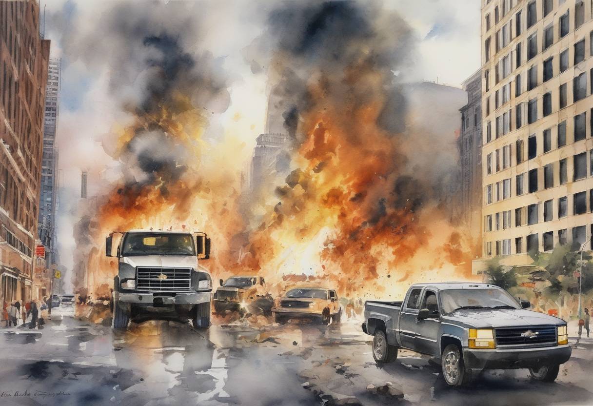 Watercolor painting based depiction of General Motors sued NBC after the network's Dateline NBC program aired a report showing GM trucks exploding upon impact. NBC later settled the lawsuit. (1993)