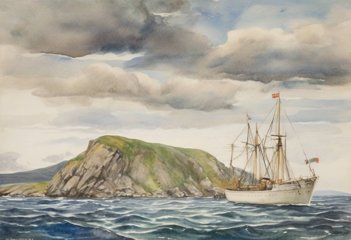 Watercolor painting based depiction of The Atlantic Charter was issued by U.S. President Franklin D. Roosevelt and British Prime Minister Winston Churchill, outlining their goals for the post-war world. (1941)