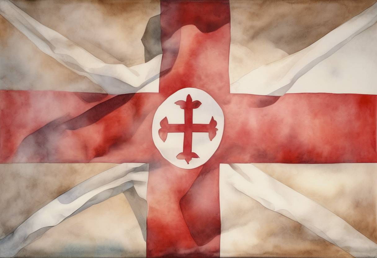 Watercolor painting based depiction of The national flag of Georgia, known as the Five Cross Flag, is restored to official use after a hiatus of over 500 years. (2004)