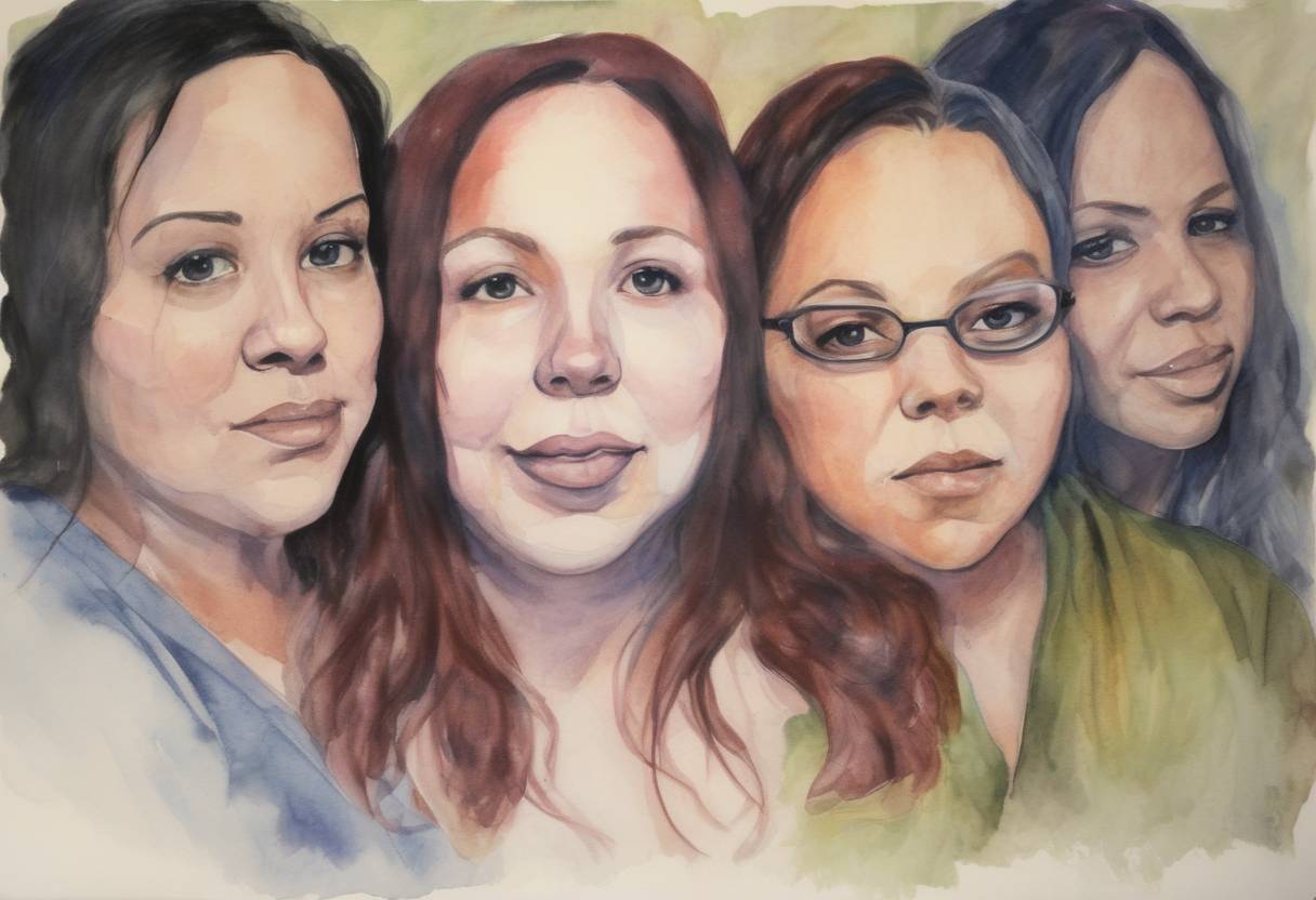 Watercolor painting based depiction of Three women, Amanda Berry, Gina DeJesus, and Michelle Knight, were rescued from a house in Cleveland, Ohio, after being held captive for over a decade by Ariel Castro. (2013)
