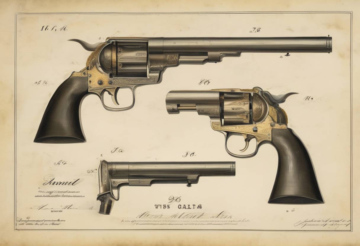 Watercolor painting based depiction of Samuel Colt received a United States patent for the Colt revolver, a firearm that would become a significant tool in the American West and military history. (1836)