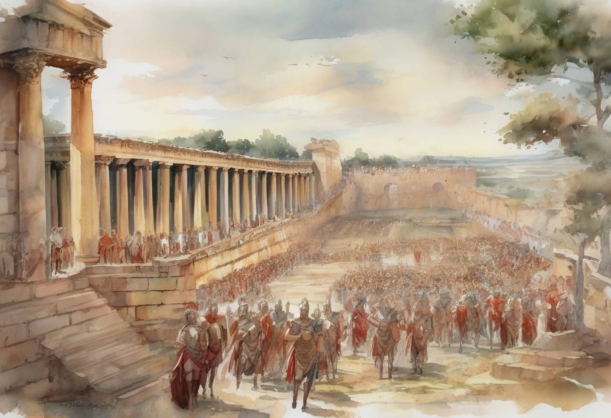 Watercolor painting based depiction of The future Roman Emperor Hadrian was born. He would later become known for building Hadrian's Wall in Britain and for his extensive travels throughout the Roman Empire. (76)