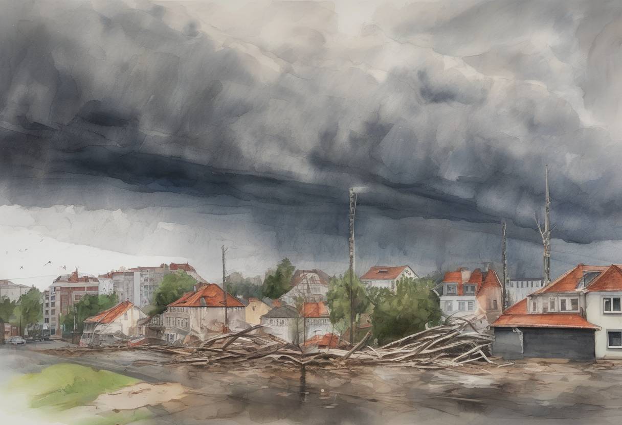 Watercolor painting based depiction of Hurricane Kyrill, a powerful European windstorm, struck several countries in Western Europe, causing widespread damage and resulting in the deaths of at least 47 people. The storm led to significant disruptions in transportation and power supplies, with Germany, the United Kingdom, and the Netherlands among the hardest-hit countries. (2007)