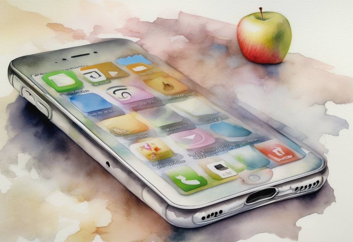 Watercolor painting based depiction of Apple Inc. released the first iPhone, revolutionizing the smartphone industry and significantly impacting global communication and technology. (2007)