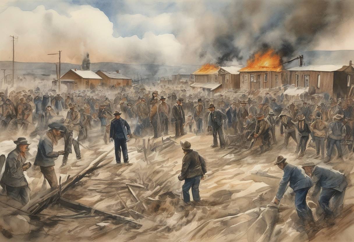 Watercolor painting based depiction of The Ludlow Massacre occurs in Colorado, where striking coal miners and their families are attacked by the Colorado National Guard and company guards, resulting in numerous deaths. (1914)