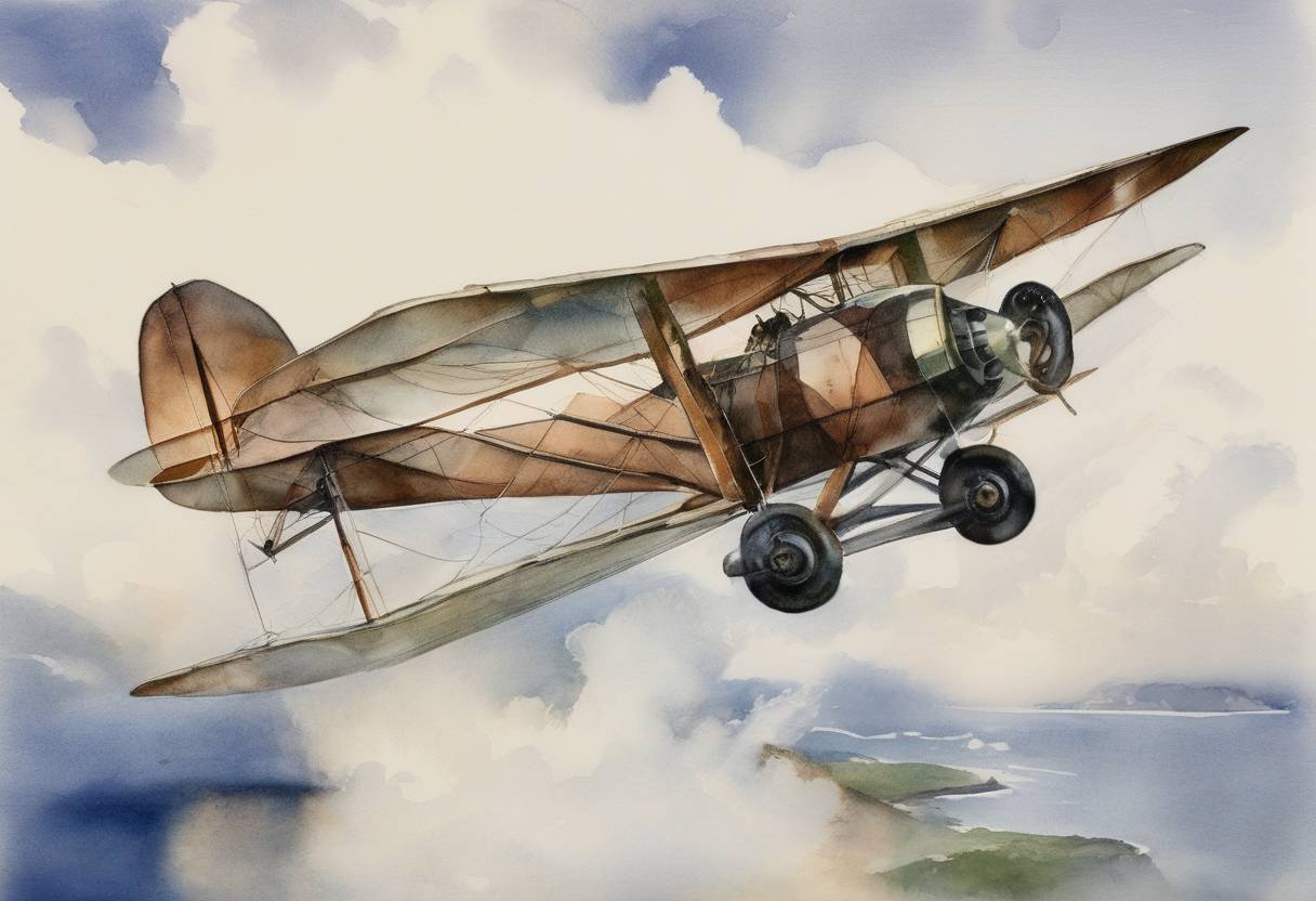 Watercolor painting based depiction of Amelia Earhart took off from Newfoundland, Canada, on her solo flight across the Atlantic Ocean, becoming the first woman to achieve this feat. (1932)