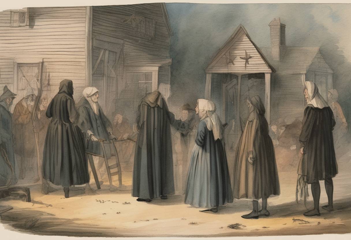 Watercolor painting based depiction of Five people, including a clergyman, are executed for witchcraft in Salem, Massachusetts, during the Salem witch trials. (1692)