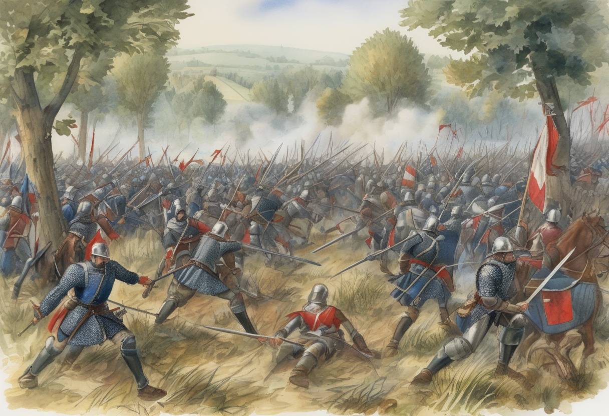 Watercolor painting based depiction of The Battle of Formigny took place during the Hundred Years' War, where French forces achieved a decisive victory over the English, marking a turning point in the war. (1450)