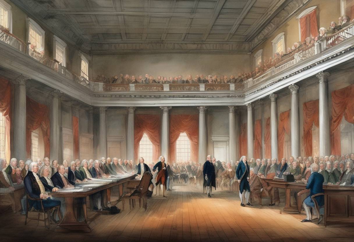 Watercolor painting based depiction of The Constitutional Convention opens in Philadelphia, Pennsylvania, with the aim of revising the Articles of Confederation. (1787)