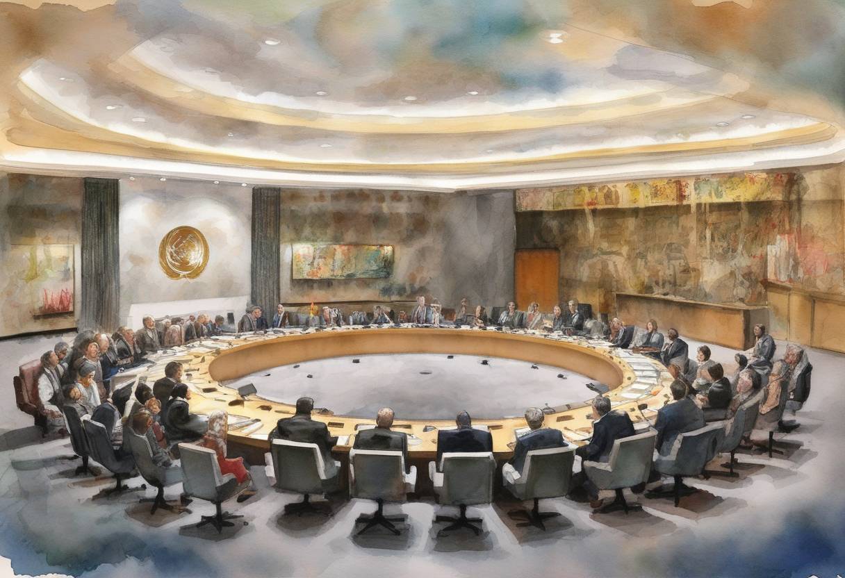 Watercolor painting based depiction of The United Nations Security Council holds an emergency meeting to address the escalating conflict in Gaza, calling for an immediate and unconditional humanitarian ceasefire. (2014)