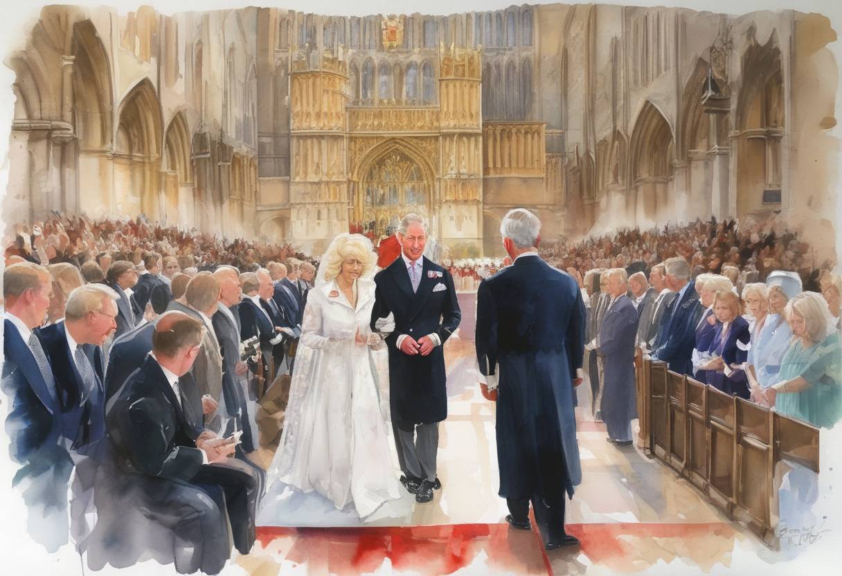 Watercolor painting based depiction of Prince Charles marries Camilla Parker Bowles in a civil ceremony at Windsor Guildhall, followed by a religious blessing at St George's Chapel, Windsor Castle. (2005)