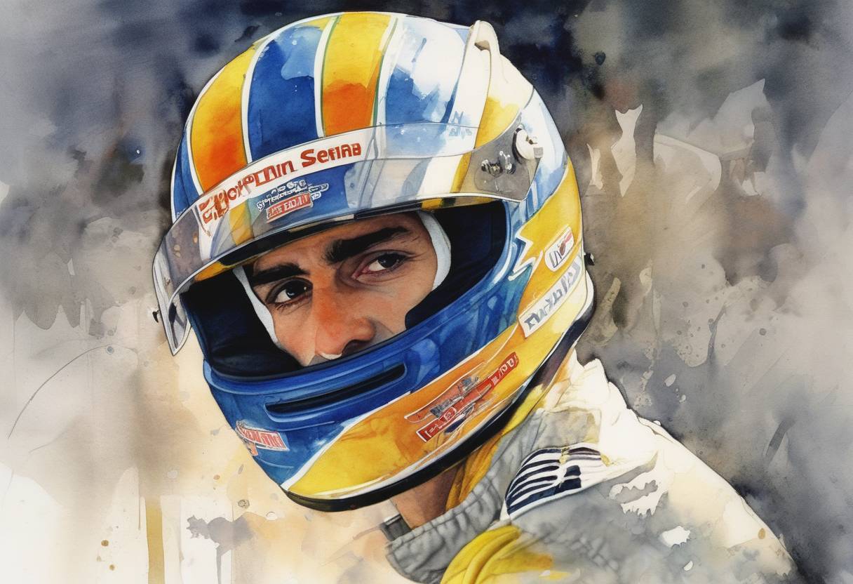 Watercolor painting based depiction of Ayrton Senna, a Brazilian Formula One driver, died in a crash during the San Marino Grand Prix, leading to significant safety changes in the sport. (1994)