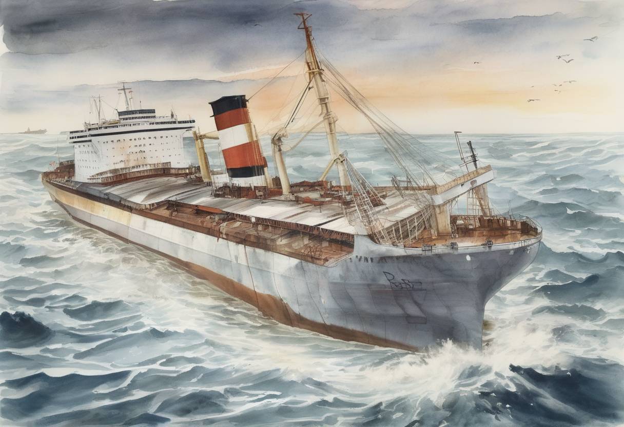 Watercolor painting based depiction of The British ferry MS Herald of Free Enterprise capsizes off the coast of Zeebrugge, Belgium, resulting in the deaths of 193 people. (1987)
