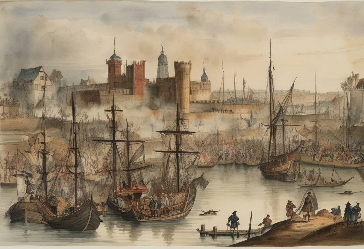 Watercolor painting based depiction of The Spanish siege of Leiden was lifted during the Eighty Years' War, marking the event with the Relief of Leiden. (1574)