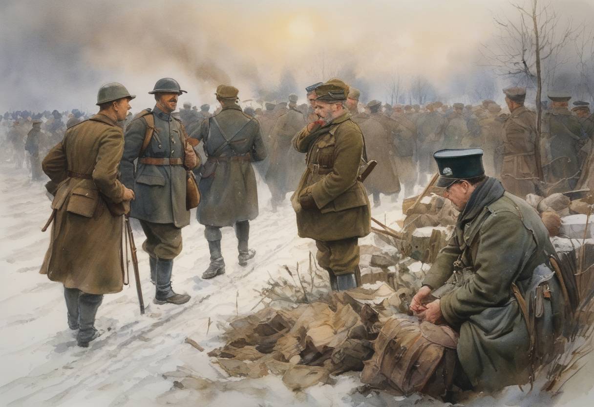 Watercolor painting based depiction of The Christmas Truce occurred during World War I, where soldiers on the Western Front engaged in an unofficial ceasefire, sang carols, and fraternized with enemies. (1914)