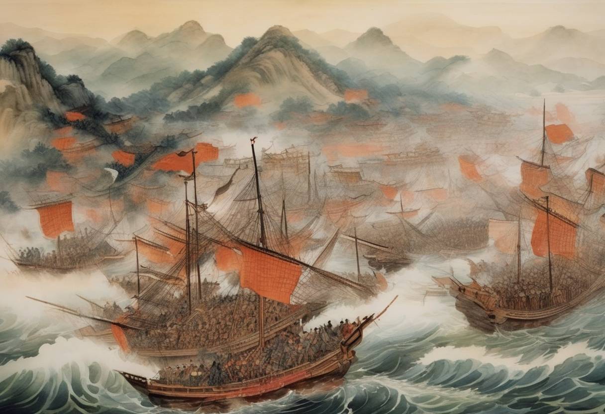 Watercolor painting based depiction of The Battle of Tangdao took place, a naval conflict between the Song dynasty and the Jin dynasty. (1161)