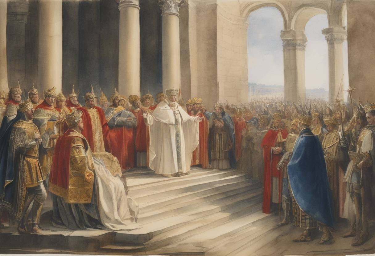 Watercolor painting based depiction of Pascal II condemned King Henry V of Germany's assumption of the Protestant ecclesiastical governance without papal consent, accentuating the ongoing Investiture Controversy. (1117)