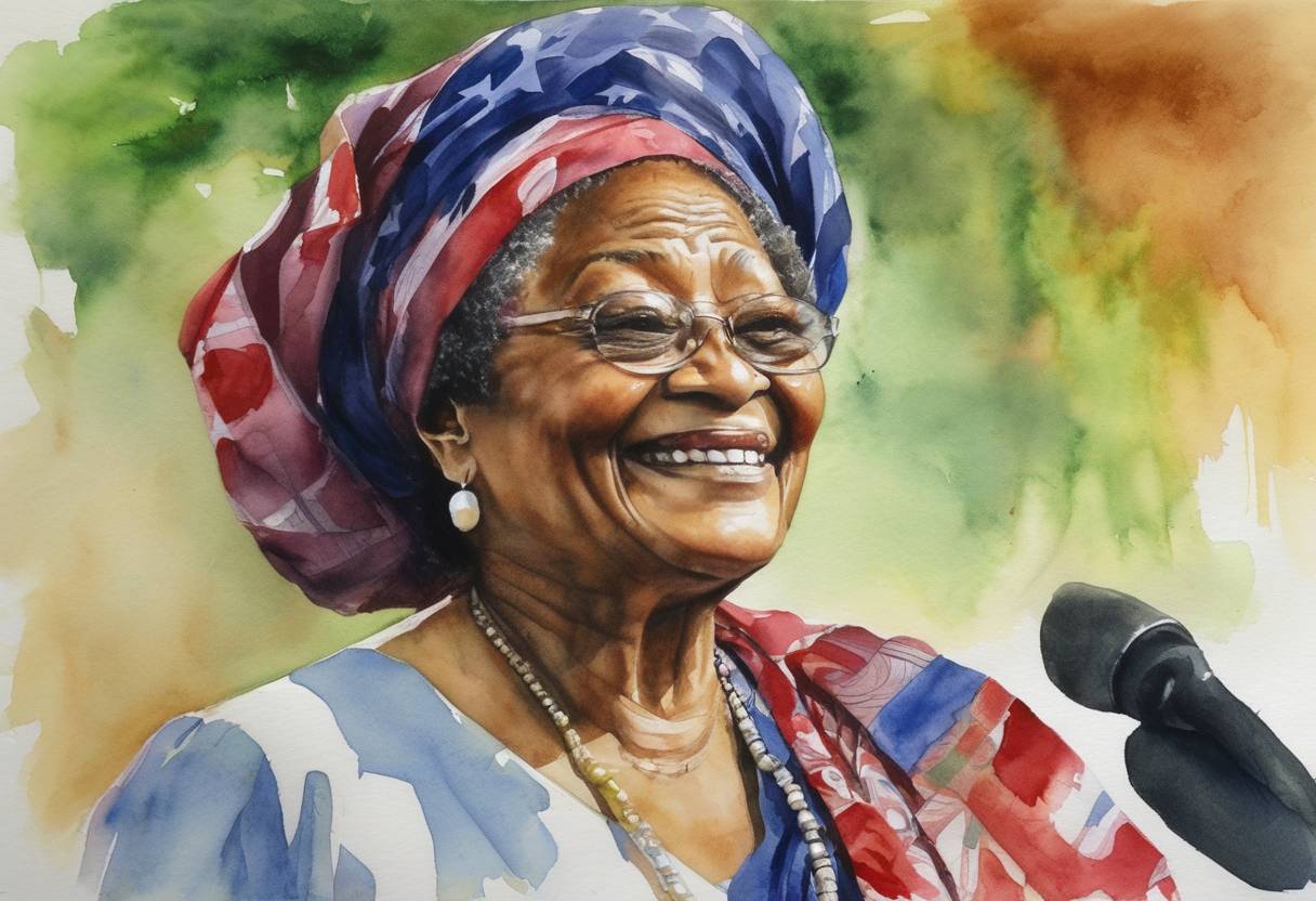 Watercolor painting based depiction of Ellen Johnson Sirleaf is officially confirmed as the winner of Liberia's presidential election, making her Africa's first elected female head of state. (2005)