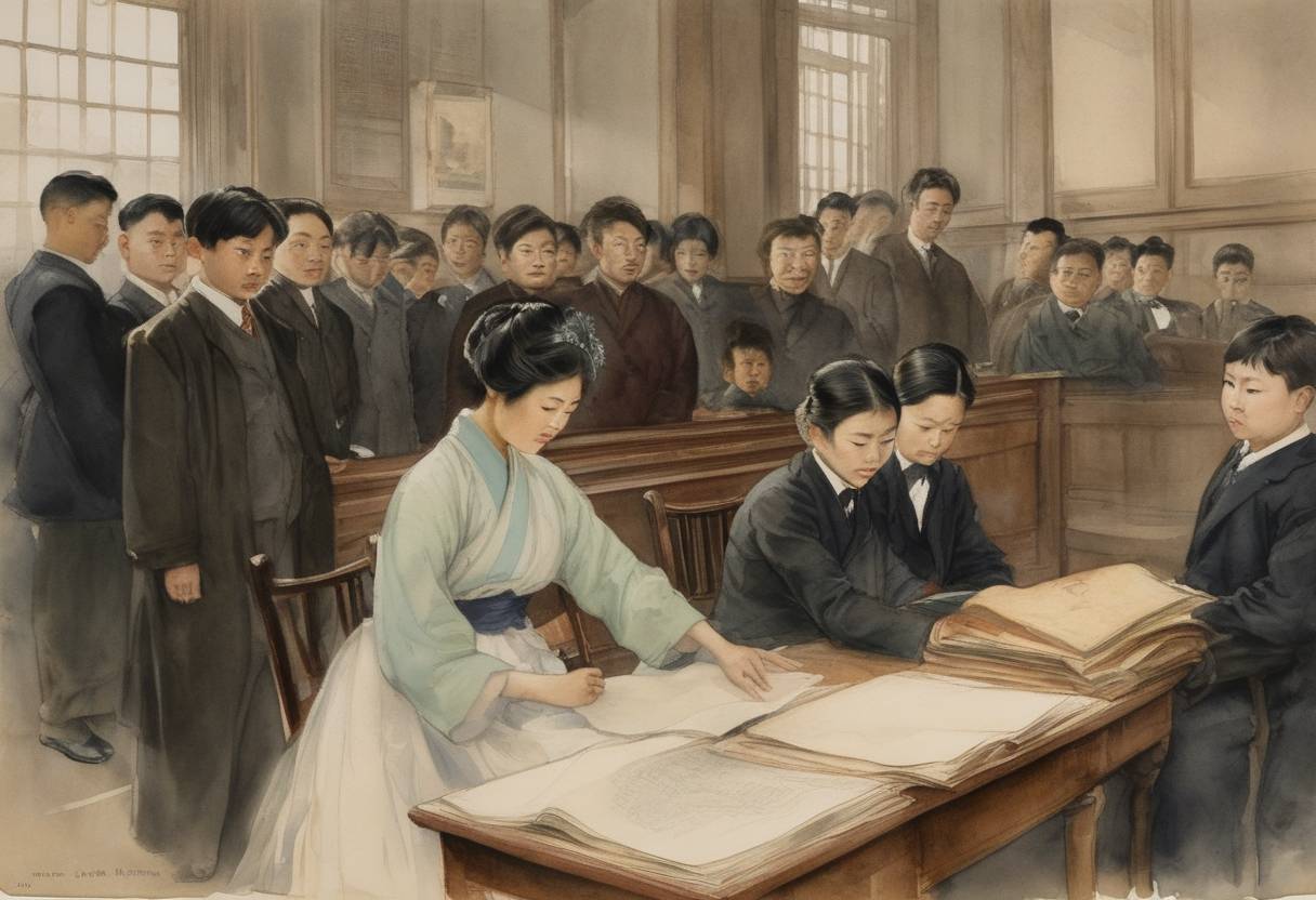 Watercolor painting based depiction of The San Francisco Board of Education orders the segregation of Japanese, Chinese, and Korean students, leading to international controversy. (1906)