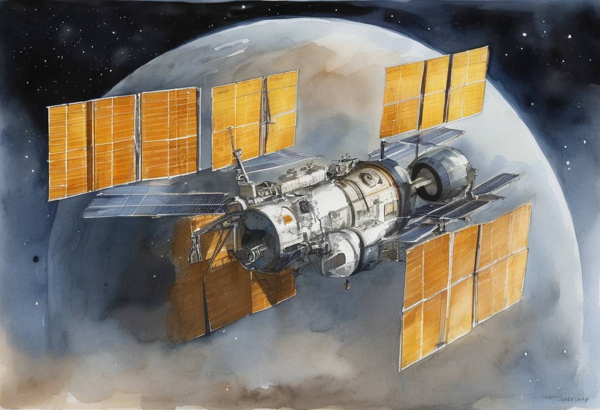 Watercolor painting based depiction of The European Space Agency (ESA) confirmed that its ATV-3, Edoardo Amaldi, had undocked from the International Space Station (ISS) after completing a six-month mission. The Automated Transfer Vehicle resupplied the ISS with fuel, water, air, and dry cargo. (2012)