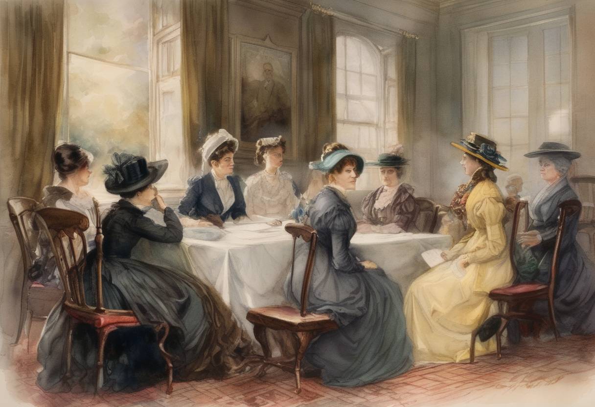 Watercolor painting based depiction of First recorded meeting of the Toledo women's suffrage group in Ohio, marking an important step in the women's suffrage movement in the United States. (1893)