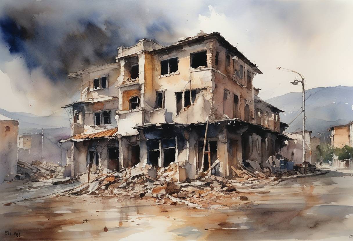 Watercolor painting based depiction of A massive earthquake strikes the İzmit Province of Turkey, resulting in great destruction and a death toll of thousands. (1999)