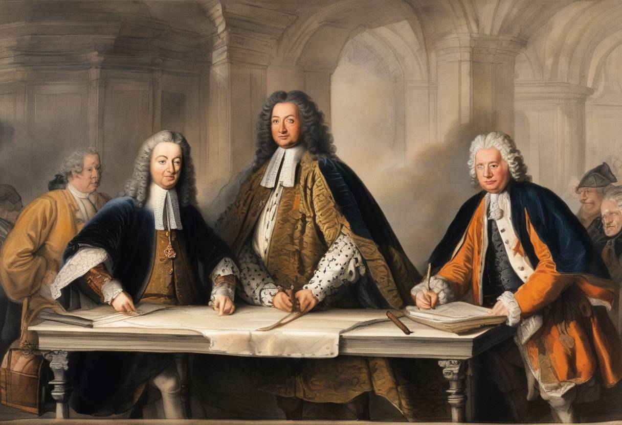 Watercolor painting based depiction of The Treaty of Den Haag was signed, an agreement between England and the Netherlands against France, during the War of the Grand Alliance. (1690)