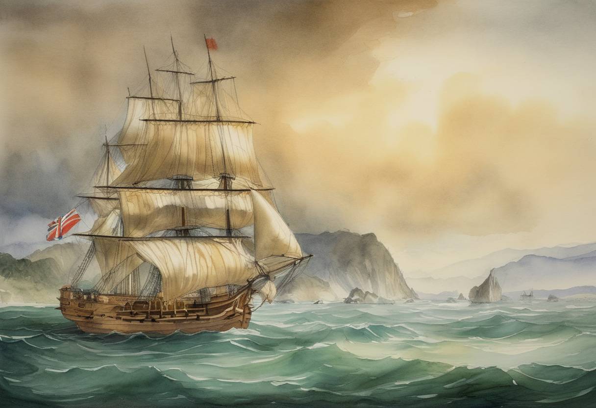 Watercolor painting based depiction of Abel Tasman, a Dutch navigator, becomes the first European to sight New Zealand. (1642)