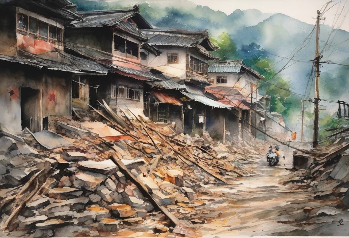 Watercolor painting based depiction of A devastating earthquake struck Taiwan, killing over 2,400 people and injuring more than 8,700 others. (1999)