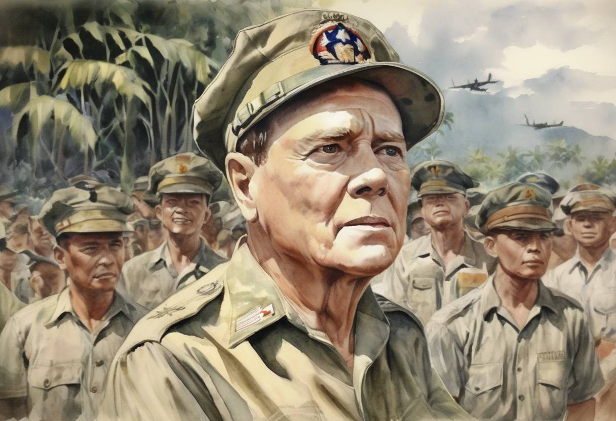 Watercolor painting based depiction of General Douglas MacArthur returned to the Philippines, fulfilling his famous promise, "I shall return," during World War II. (1944)