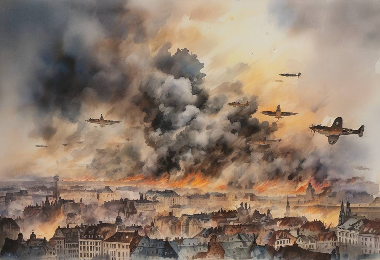 Watercolor painting based depiction of The bombing of Dresden in World War II by the British Royal Air Force (RAF) and the United States Army Air Forces (USAAF) continued, resulting in a devastating firestorm and significant civilian casualties. (1945)