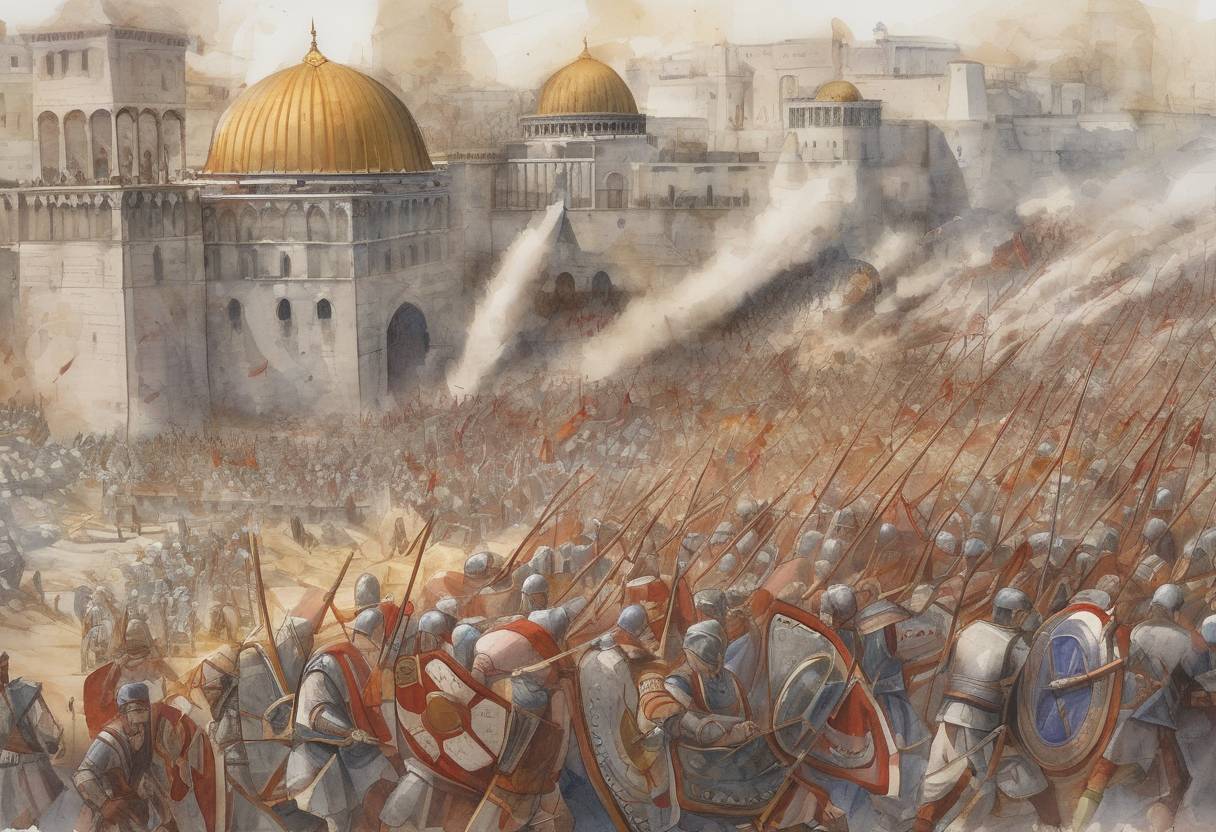 Watercolor painting based depiction of The Siege of Constantinople began as the Umayyad Caliphate launched a major offensive against the Byzantine Empire. This marked the start of a year-long siege that would ultimately end in a Byzantine victory. (717)