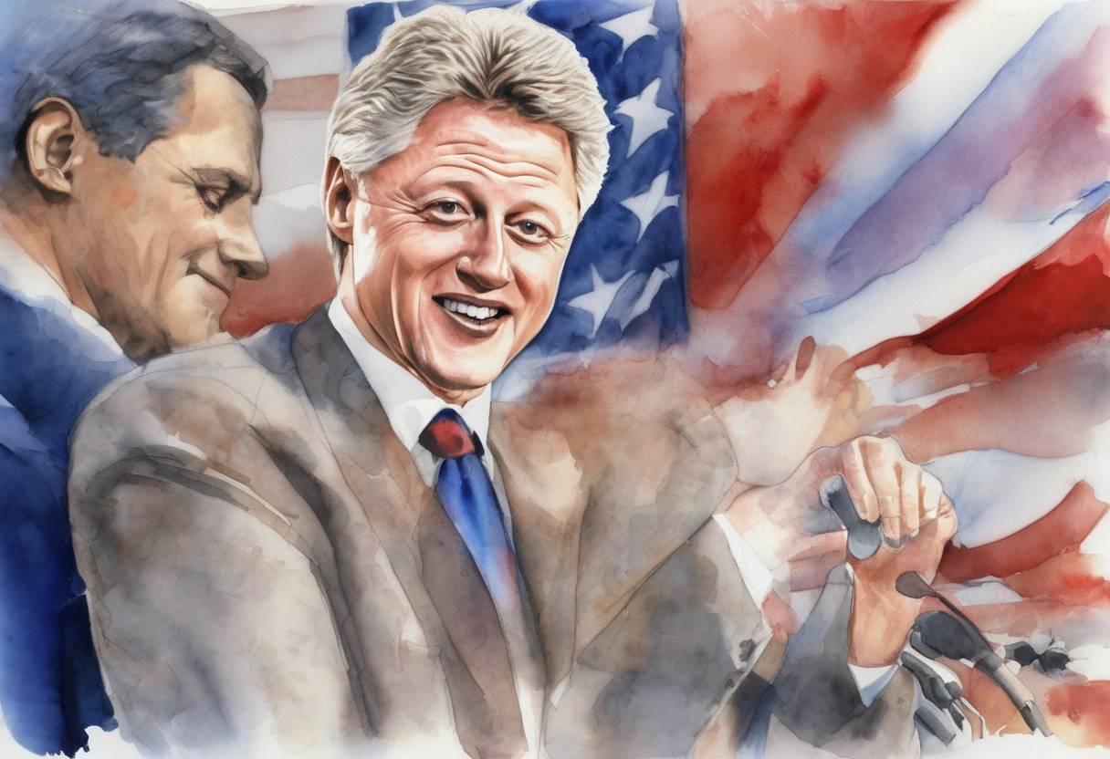 Watercolor painting based depiction of Bill Clinton was re-elected as President of the United States, defeating Republican challenger Bob Dole. (1996)