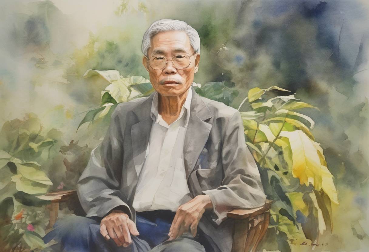 Watercolor painting based depiction of Le Duc Tho, a Vietnamese revolutionary, diplomat, and politician, passed away. He was awarded the Nobel Peace Prize in 1973, which he declined. (1990)