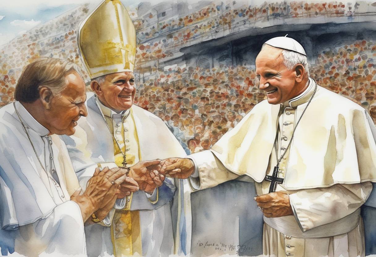 Watercolor painting based depiction of Pope John Paul II begins his first papal visit to Latin America, starting in the Dominican Republic. (1979)