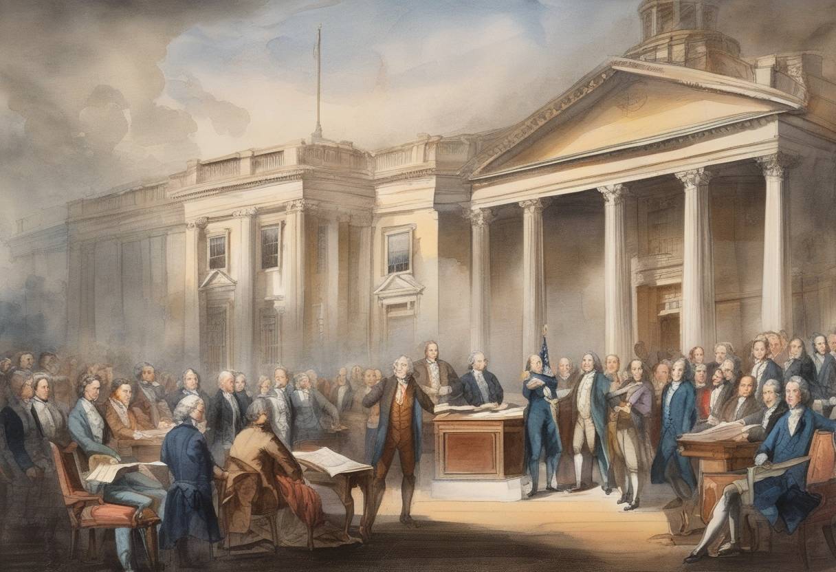 Watercolor painting based depiction of The United States Bill of Rights becomes law when ratified by the Virginia General Assembly. (1791)