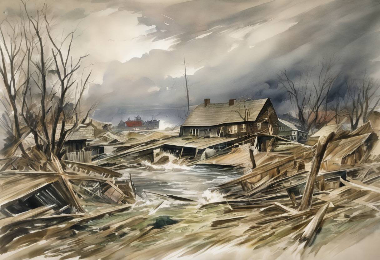 Watercolor painting based depiction of The Great Hurricane of 1938 made landfall on Long Island and southern New England, causing widespread destruction. (1938)