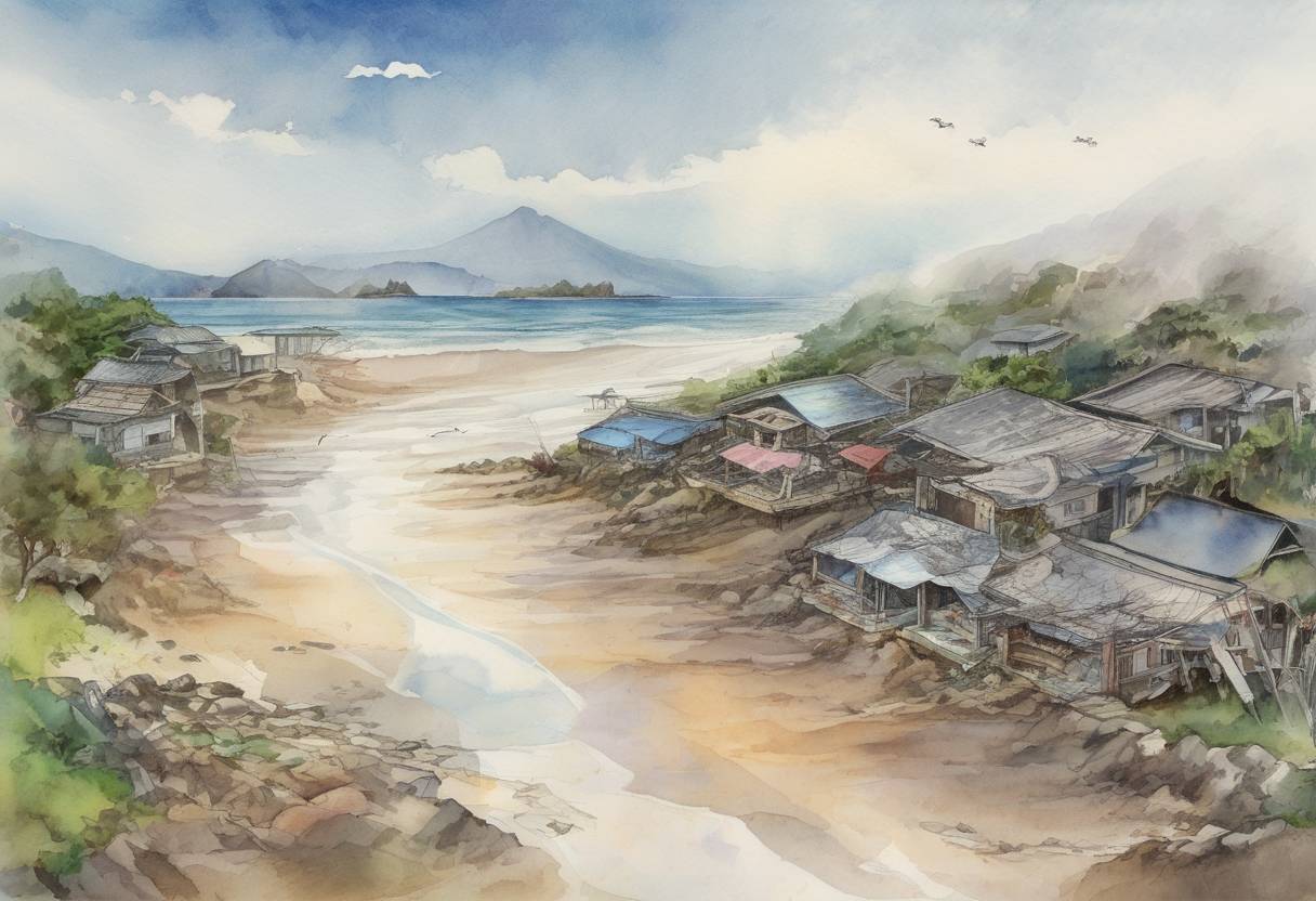 Watercolor painting based depiction of A 6.9 magnitude earthquake strikes the Ryukyu Islands in Japan, causing a tsunami warning to be issued, although no significant damage or injuries are reported. (2010)