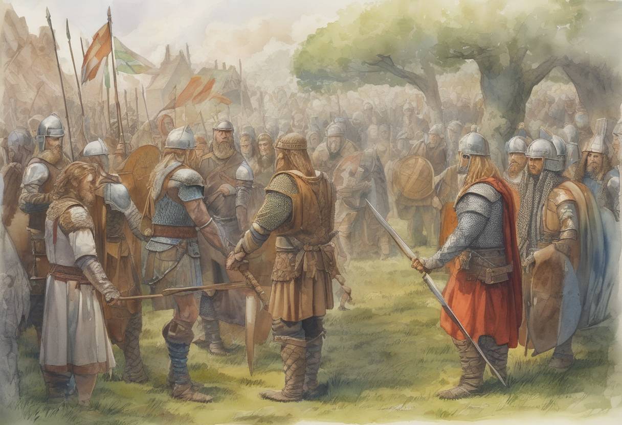 Watercolor painting based depiction of The Treaty of Wedmore was signed, marking the end of the Viking invasions of England and establishing the Danelaw. (878)