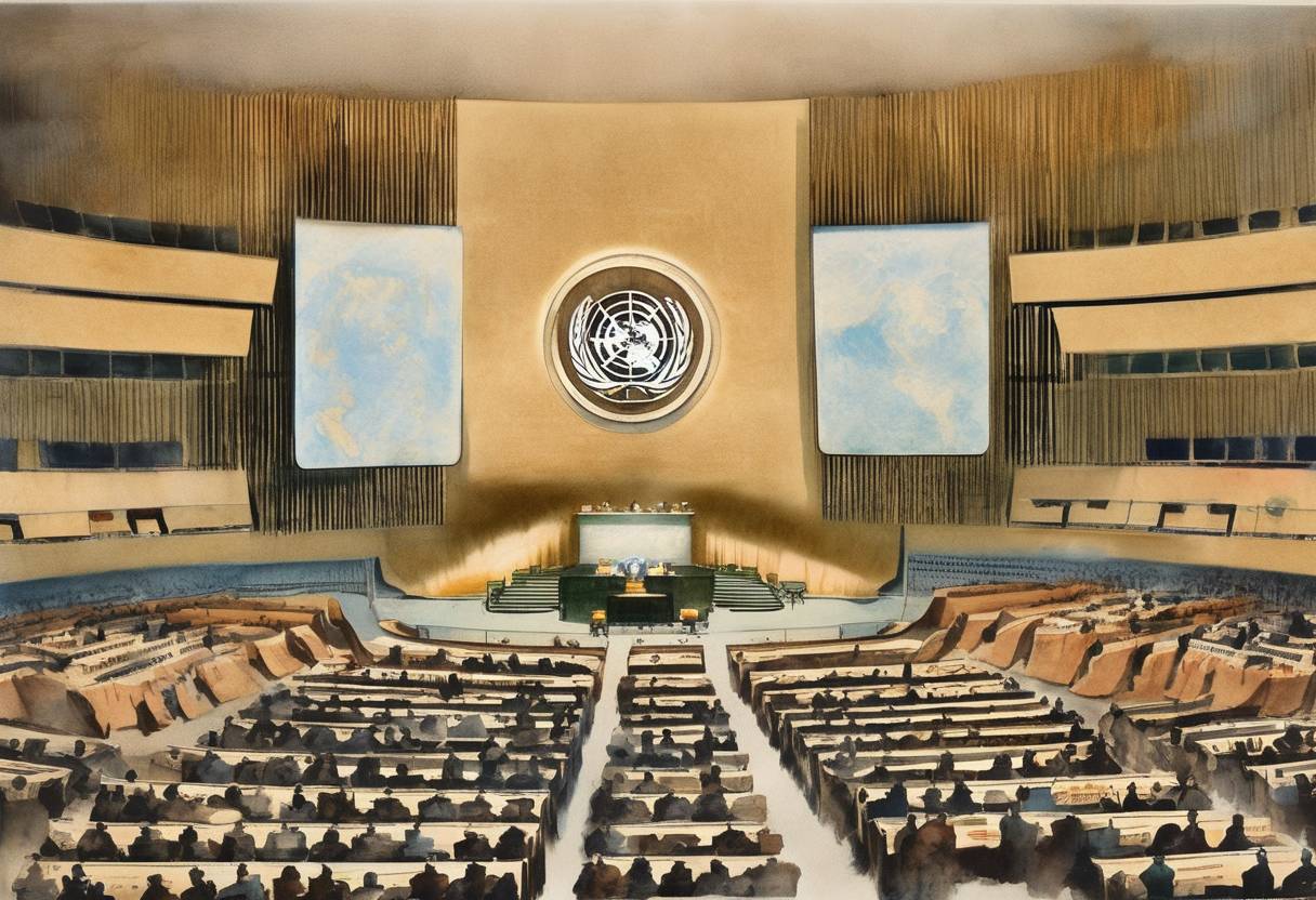 Watercolor painting based depiction of The United Nations General Assembly adopted the Universal Declaration of Human Rights, a milestone document in the history of human rights. (1948)