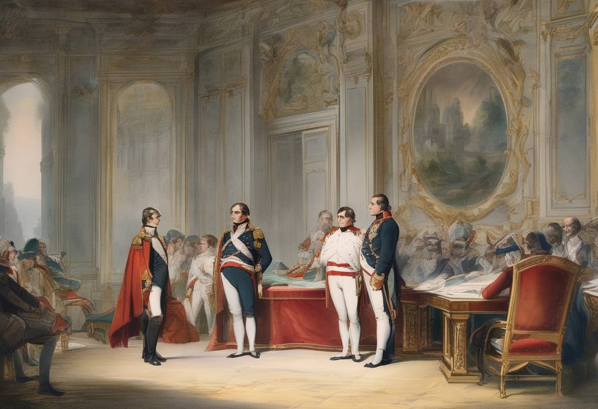 Watercolor painting based depiction of Napoleon Bonaparte abdicates as Emperor of the French and is exiled to the island of Elba. (1814)